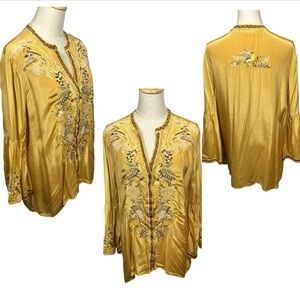 Sundance Catalog Yellow Embroidered floral Bird “Golden Hopes Top” Size PM boho